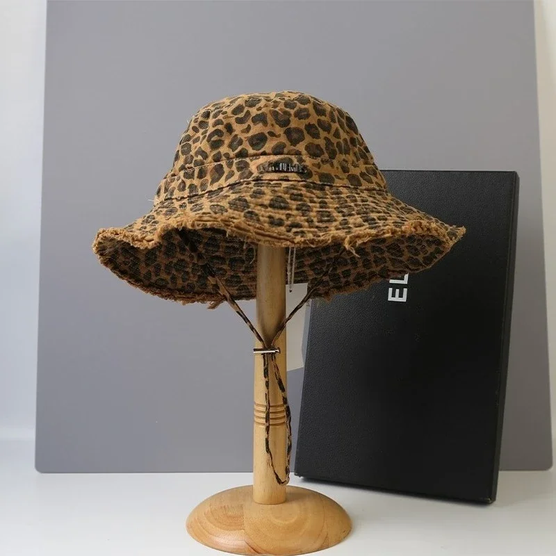 Fashion Leopard Print Fisherman Hat for Women, Spring and Summer Small Basin Hat, Large Eave Thin Outdoor Sun Protection Hat