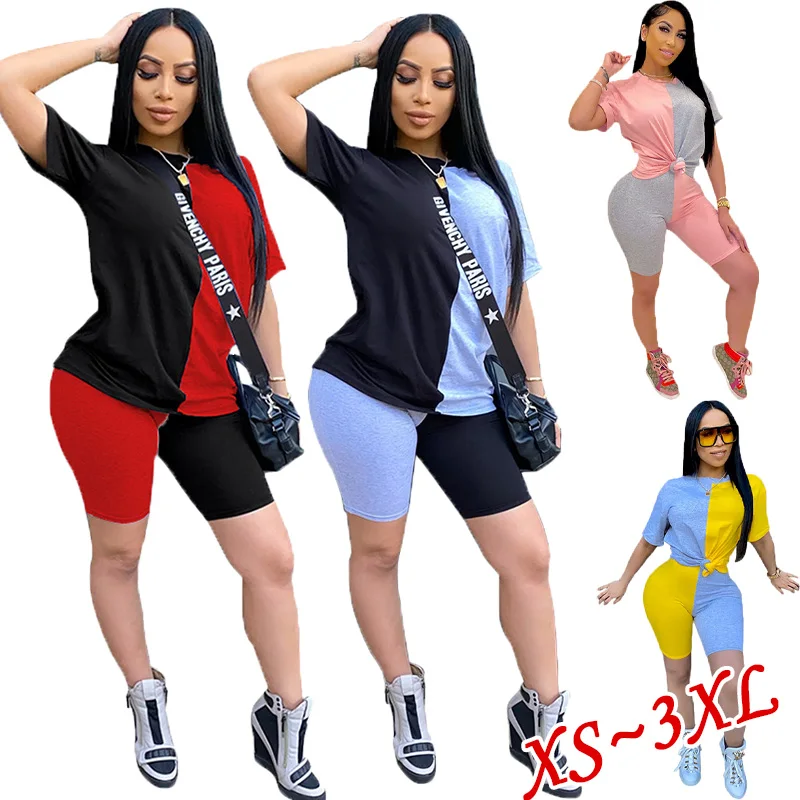 

2024 Fashion Women's 2-piece set of short sleeved women's casual round neck short sleeved set with patchwork T-shirts and shorts