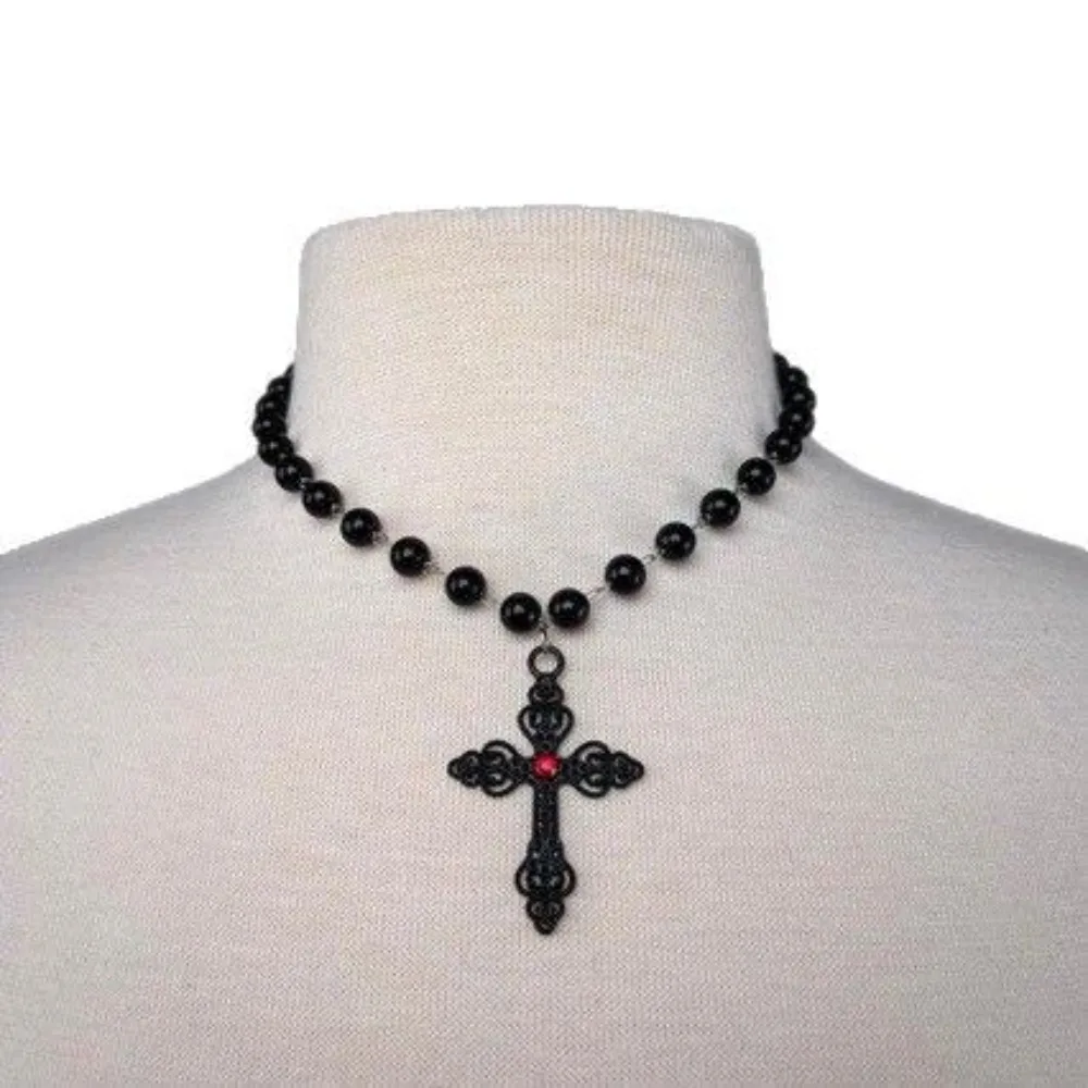 Temperament Trendy Inlay Red Zircon Black Hollowed-out Cross Pendant Necklace for Women Gothic Dark Halloween Party Jewelry Gift