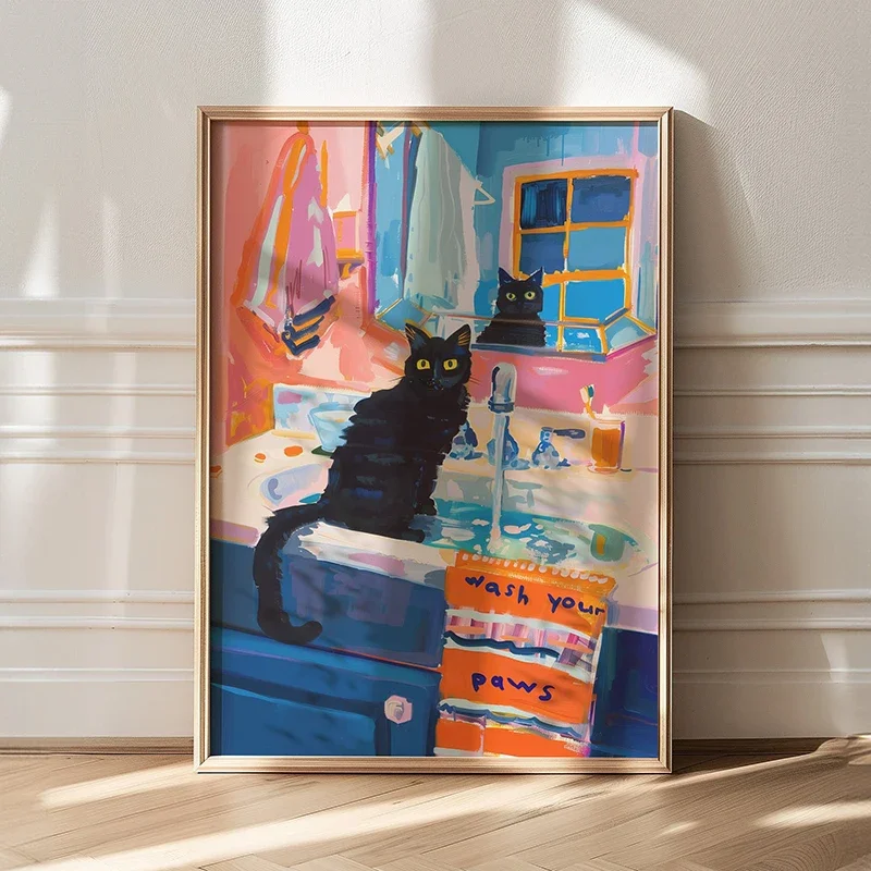 Maximalist Bathroom Decor Poster Trendy Cat Canvas Painting Dopamine Print Kitsch Aesthetic Wall Art Pictures for Home Decor