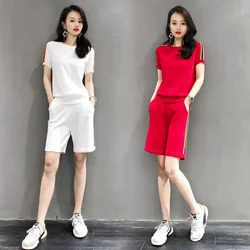 Women's Sports Suit 2025 Summer New Short Sleeve Crop Tops Shorts 2 Two Piece Set Korean Loose Running Casual Outfits For Women