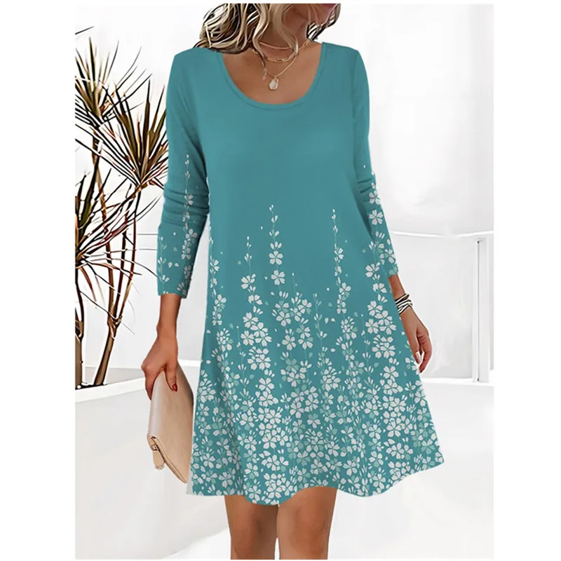 Women Autumn Long Sleeve O-Neck Dress Vintage 3D Floral Printed Elegant Lady's Dress Big Size 3XL Casual Loose A-Line Dress