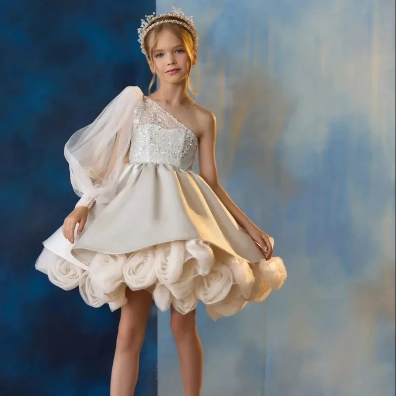 Kids Girls One Shoulder Party Dress Puffy Flower Girl Gown Host Pageant Celebration Evening Wear Children Fashion Show Formal