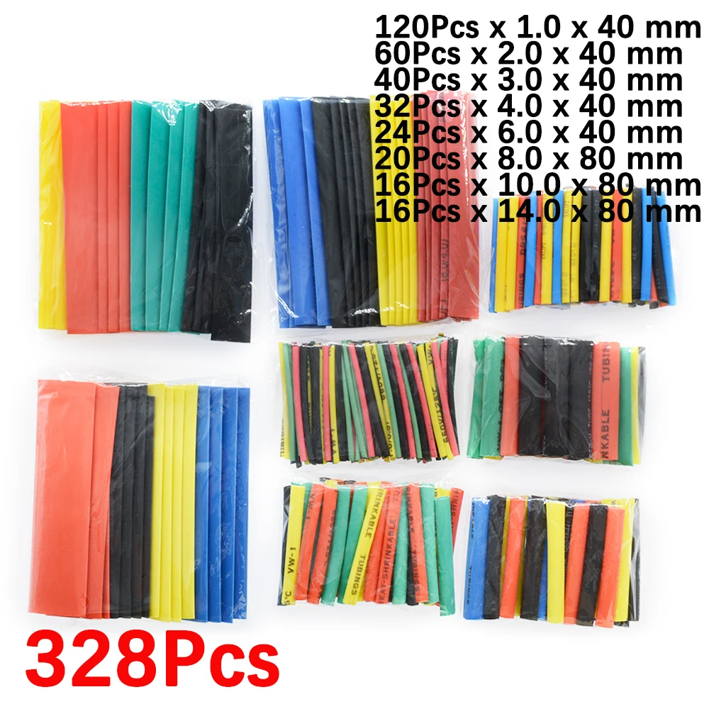 Kits de cables eléctricos de coche, tubo termorretráctil de poliolefina, funda de aislamiento para envoltura de cables, surtido de 8 tamaños de colores mezclados, 328 Uds.