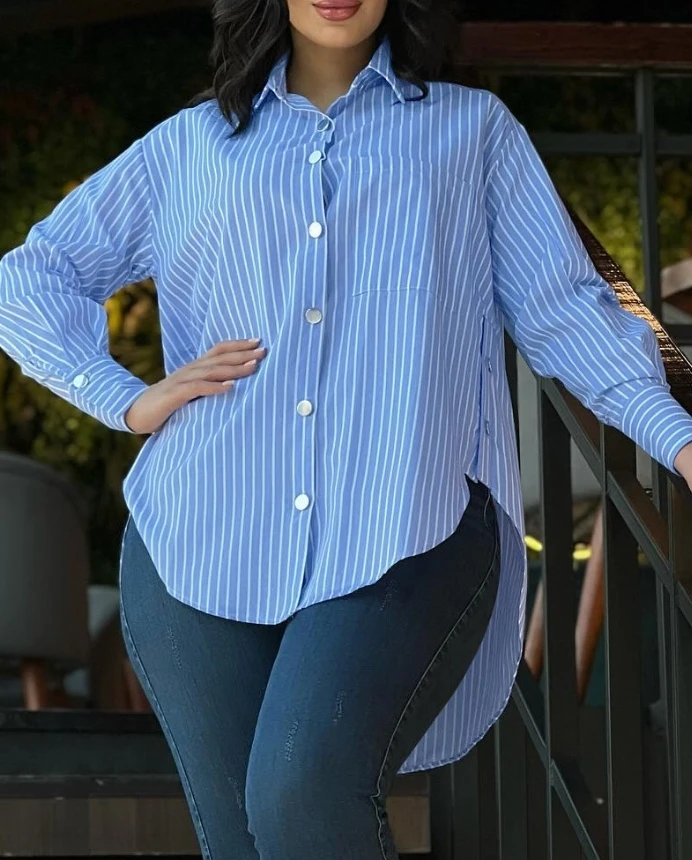 

New Hot Selling 2024 Fashion Striped Lapel Long Sleeved Loose Casual Button Down Women's Shirt In Stock