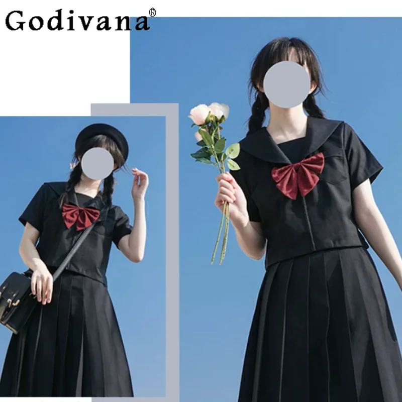 Black Sweet Navy Collar Jk Uniform Sets Fashion Age-reducing Short Sleeve Simple Shirt Cute Women High Waist Japanese Skirt