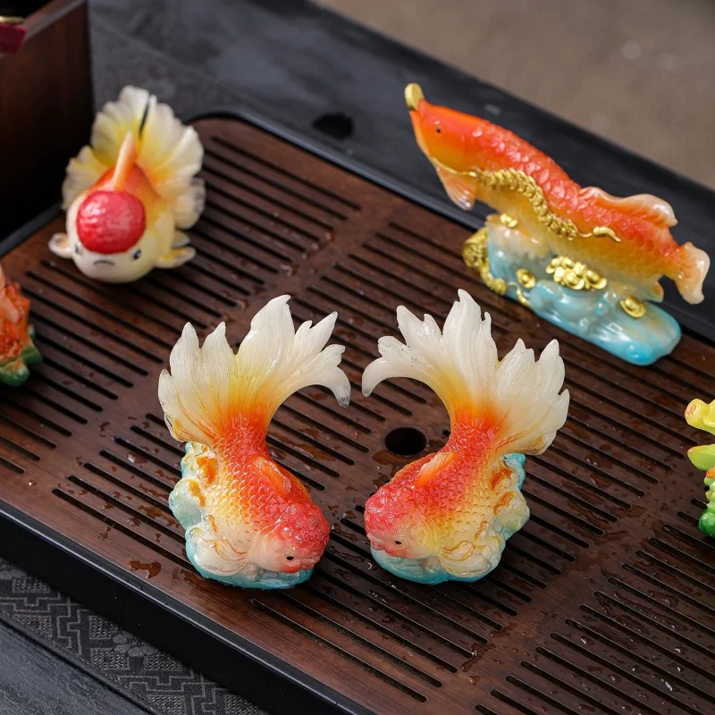 

Creative Colors Pet Koi Resin Tea Set Chinese Mascot Two Fish Report Happiness Zen Tea Ceremony Decoration