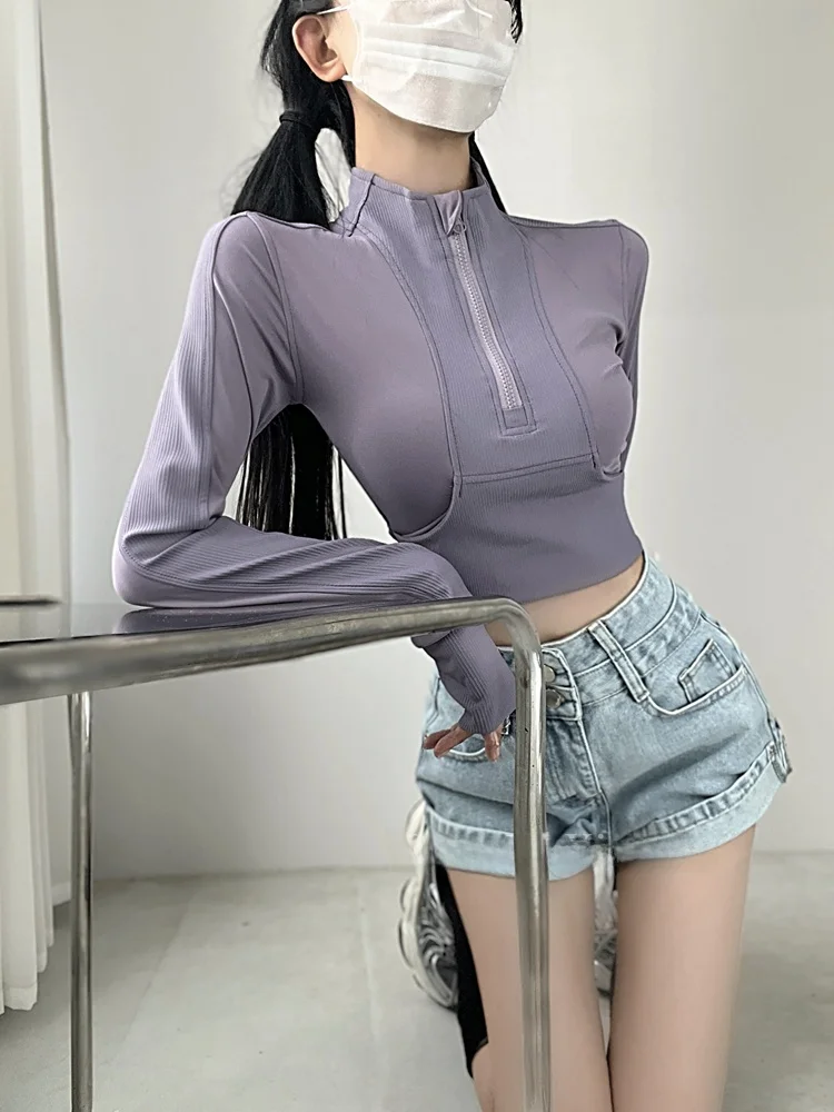 

Slim Fit Yoga Fitn Спортивная женская футболка ort Sve Long Sve на молнии Belly ow Тонкий велосипедный костюм Базовый слой Топ