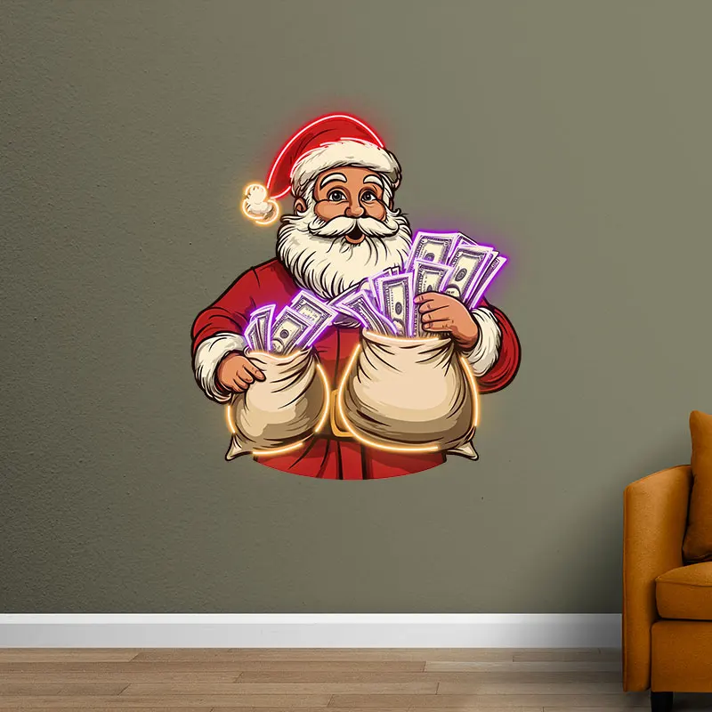 Christmas Santa Claus Bags Of Money Neon Sign, Creative Wall Hanging Neon Light, Wall Decor Light