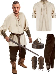 Retro Vintage Medieval Renaissance Pants Outfits Waist Belt Shirt Arm Guards Pirate Men's Cosplay Costume Halloween