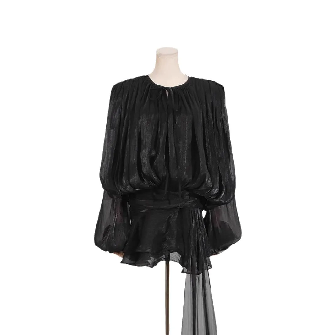 2025 verão nova moda feminina temperamento plissado malha manga bolha terno casual francês elegante shorts terno senhora