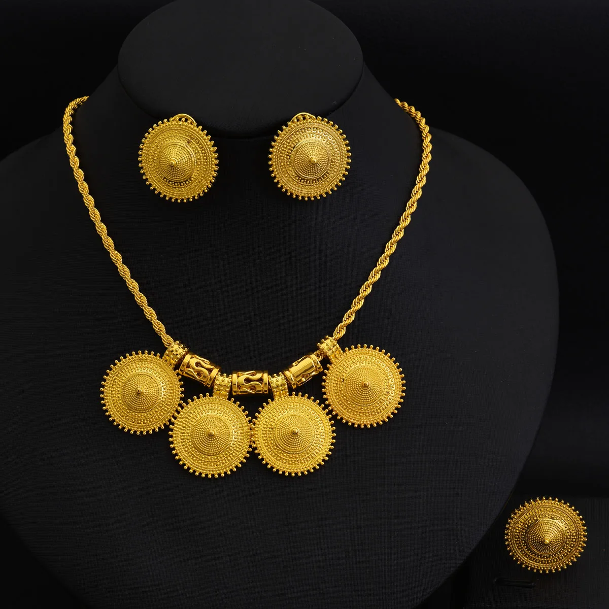 Golden Color Ethiopian Jewelry sets Four Pendant Earrings Ring 3-Piece Set African Eritrean Wedding Engagement Ethnic Gifts #135