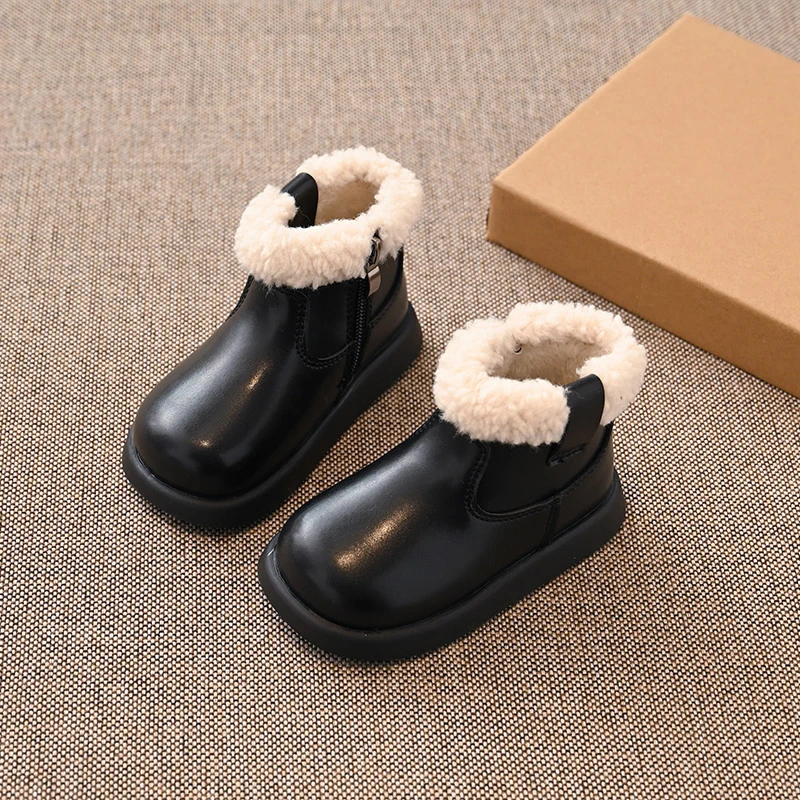 Child Kids zip Ankle Boots Thin Fleece Lined Girls' Boy Shoes 2024 Children's baby Winter Warm Booties 22-35