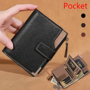 Portefeuille court en cuir PU pour hommepoche a fermeture eclair, porte-cartesporte-photo.porte-monnaie masculinmarque mate