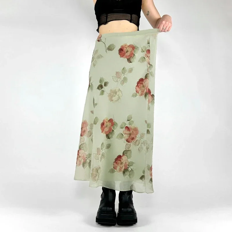 Y2k زهرة طباعة شبكة المرقعة تنورة بوهو الجمالية ألف خط طبقة مزدوجة التنانير الطويلة خمر عالية الخصر عطلة قيعان