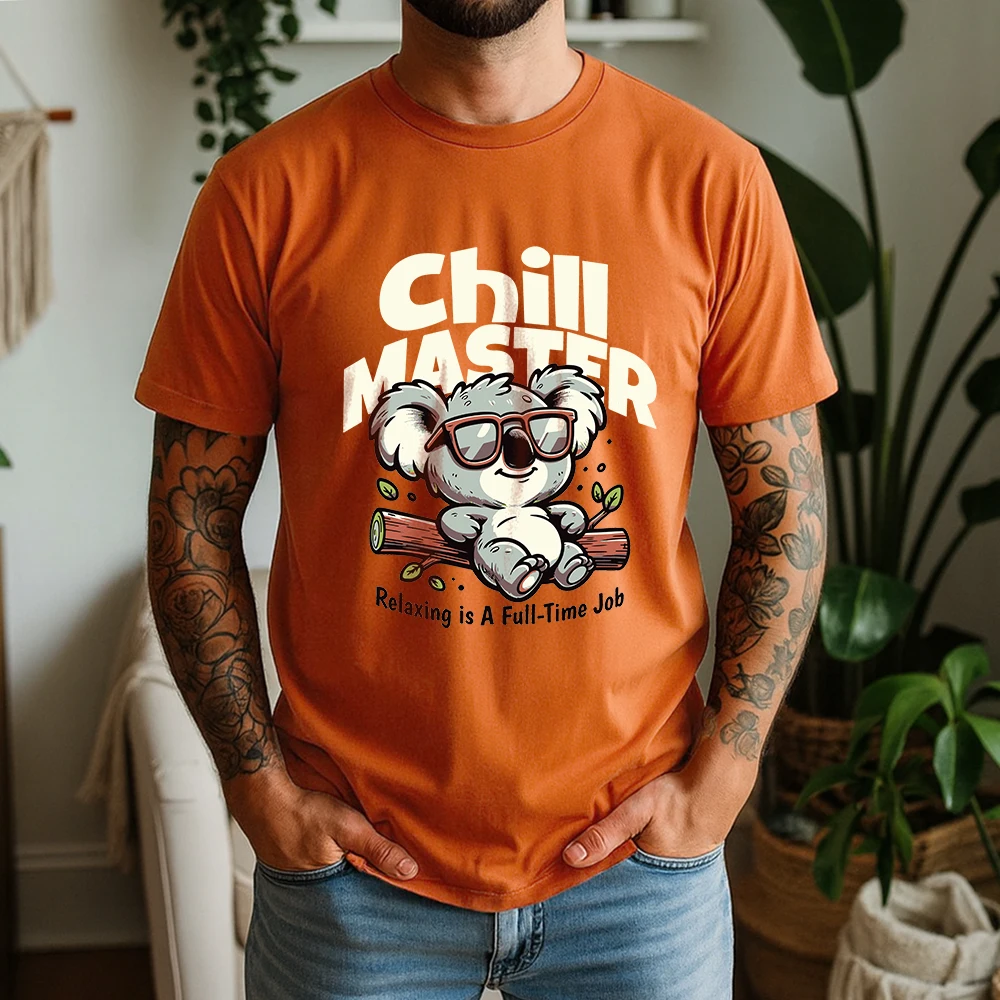 New Summer 100% Pure Cotton T-Shirt Chill Master Koala Cartoon Style Street Cool Casual Tee Breathable Short Sleeve
