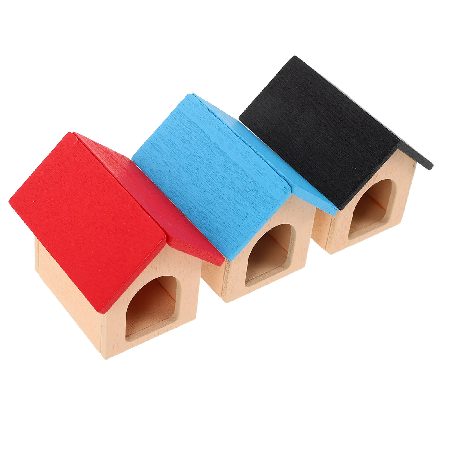 3Pcs Miniature Dog House Dollhouse Pet Supplies - Hardwearing Wood Tiny Puppy Kennel - Educational Imaginative Play Set 1:12