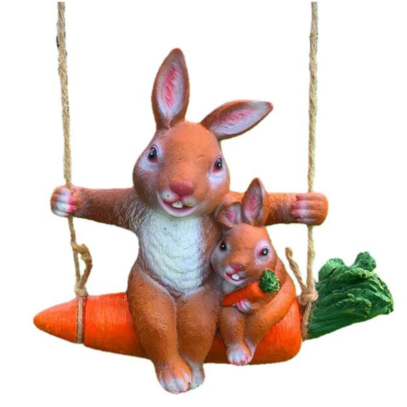 

Garden Rabbit Animal On A Swing Statue,Cute Hanging Carrot Mother&Child Rabbit Statue Ornament For Yard Landscape