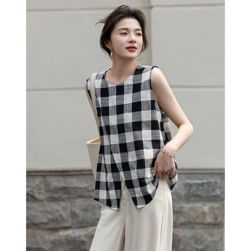 Summer All-match Vintage Checkered Style Double-layer Cotton Shirt Round Neck Sleeveless Shirt Women's Korean Top
