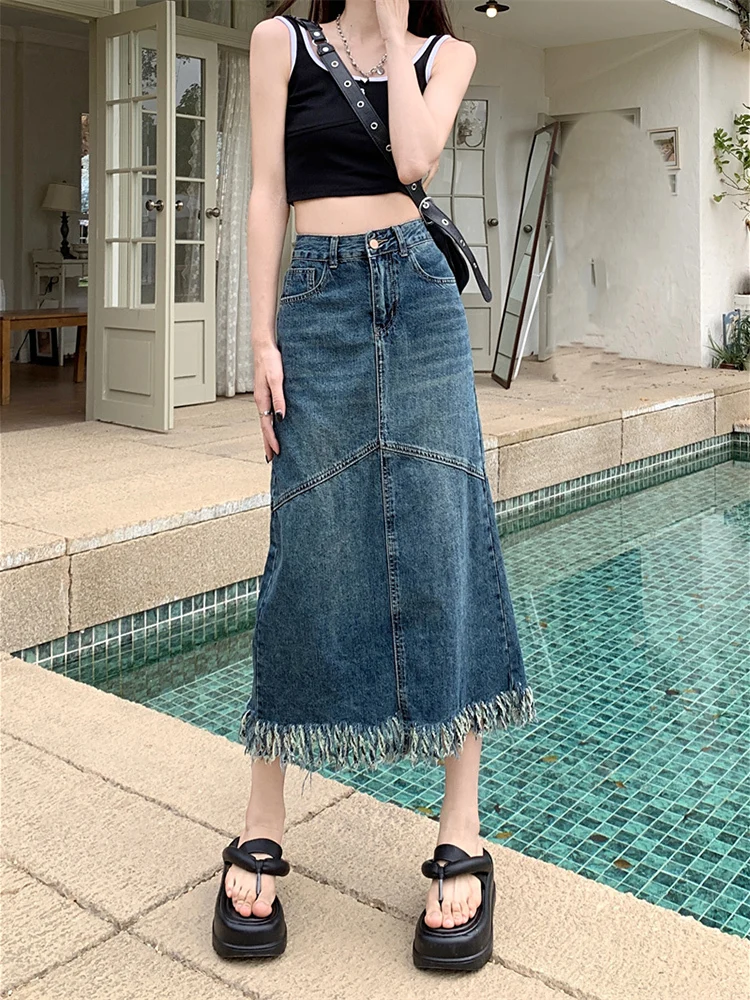 Raw Fringe High Waist Retro Blue Mid-length Denim Skirt Women's Spring Summer Simple Street Style Straight A-line Skirt Female