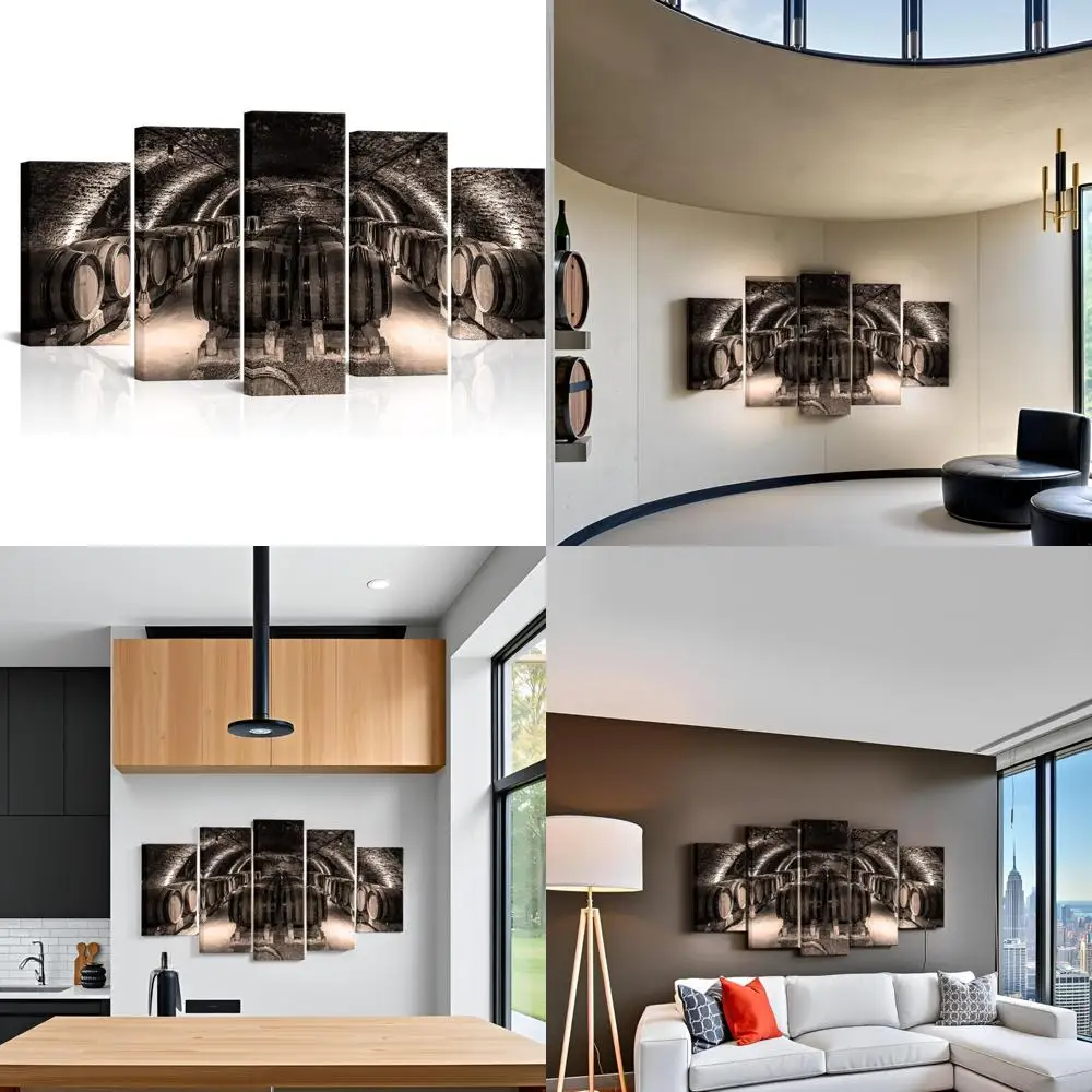 

5 Piece Black and White Wine Barrel Canvas Wall Art - Oak Wine Cellar Scenic Paintings for Kitchen Decor