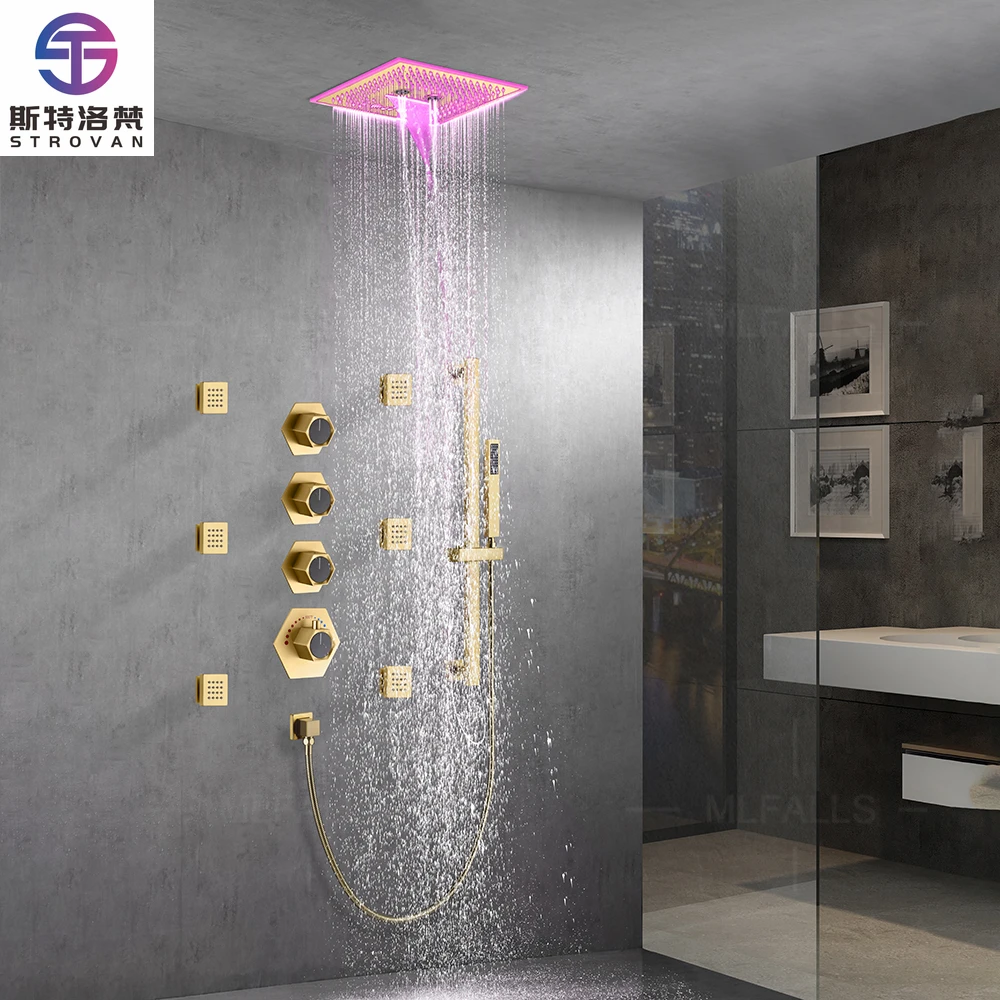 

16inch Stainless Steel Brush Gold Digital Display Anti-scalding Luxury Shower Set With Body Jet for Bathroom