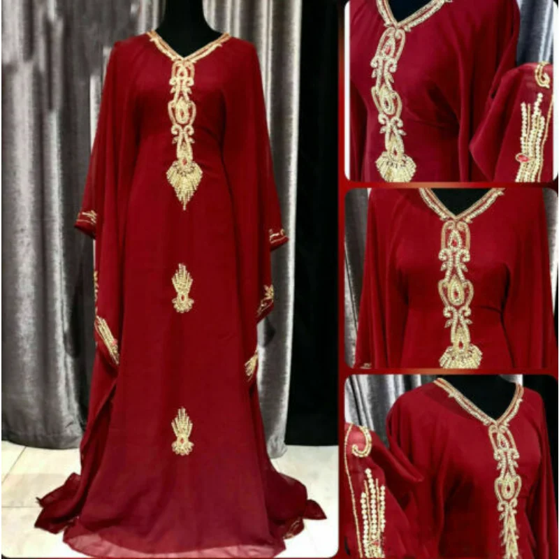 

Red V-neck Robe Dubai Kaftan Long Sleeve Pullover Fashion Embroidery Moroccan Ethnic Clothing Georgette Fabric