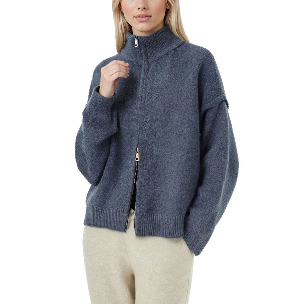 سترة مشغولة من الصوف البلوزات النساء الصلبة لاعبا سستة الوقوف طوق طويلة الأكمام طفيف تمتد فضفاض عادية 2025 الخريف الشتاء