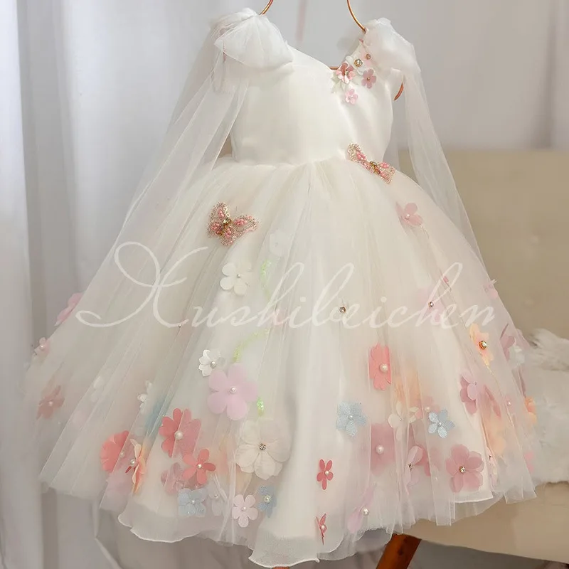 

European Style First Birthday Dress for Baby Girl Satin Tulle Princess Dress Junior Bridesmaids Pageant Formal Ball Gown Bowknot