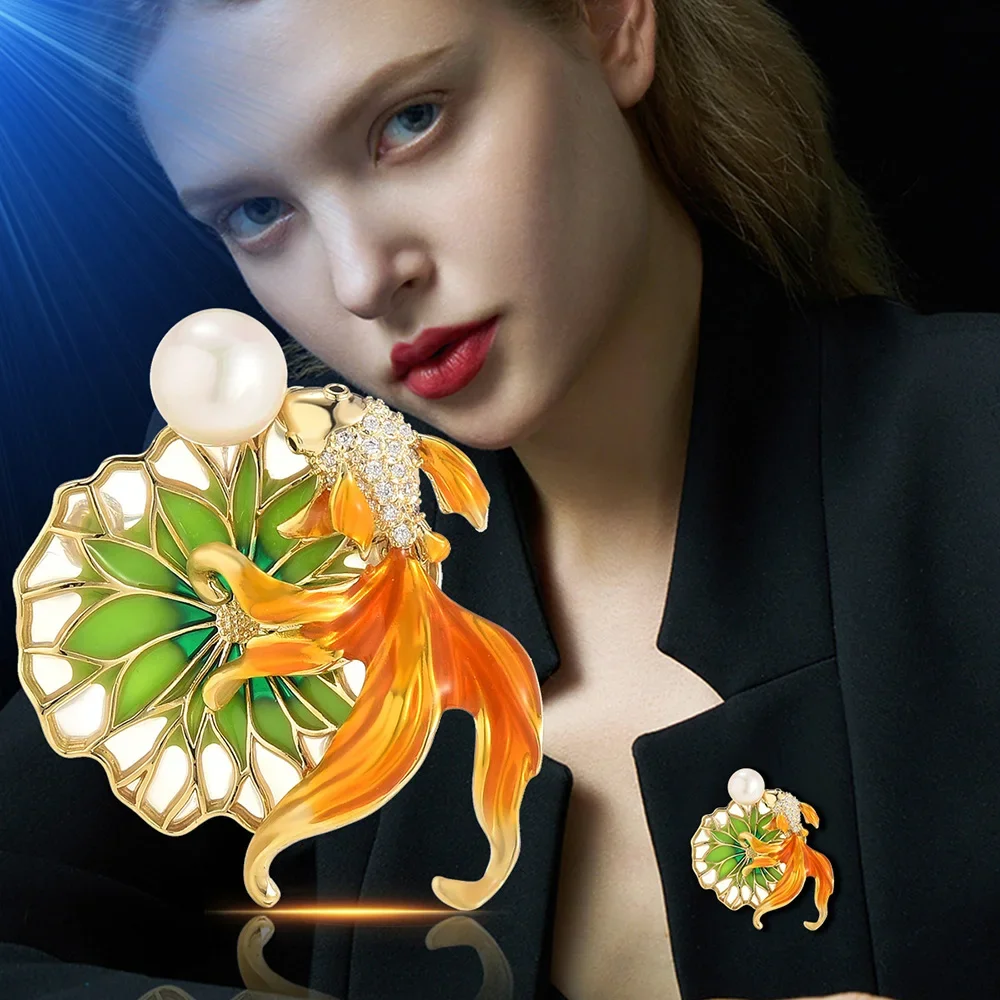 

Brooch for Women Luxury Inlaid Zircon Enamel Gold Fish Lotus Leaf pearl Brooches Clothing Lapel Pins Jewelry Accessories Gifts