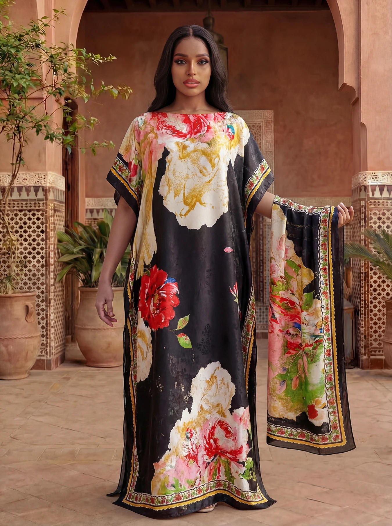 Women's Long Shawl Dubai Fashion Print Design Silk Soft Summer Beach Party Dress Accessory Loose Fit African Abaya MOOMOO view 2