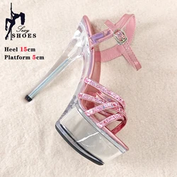 Summer Women Slippers Fashion Female Models Station Catwalk Show Shoes Sexy Crystal Transparent 15cm Thin High Heels Sandals