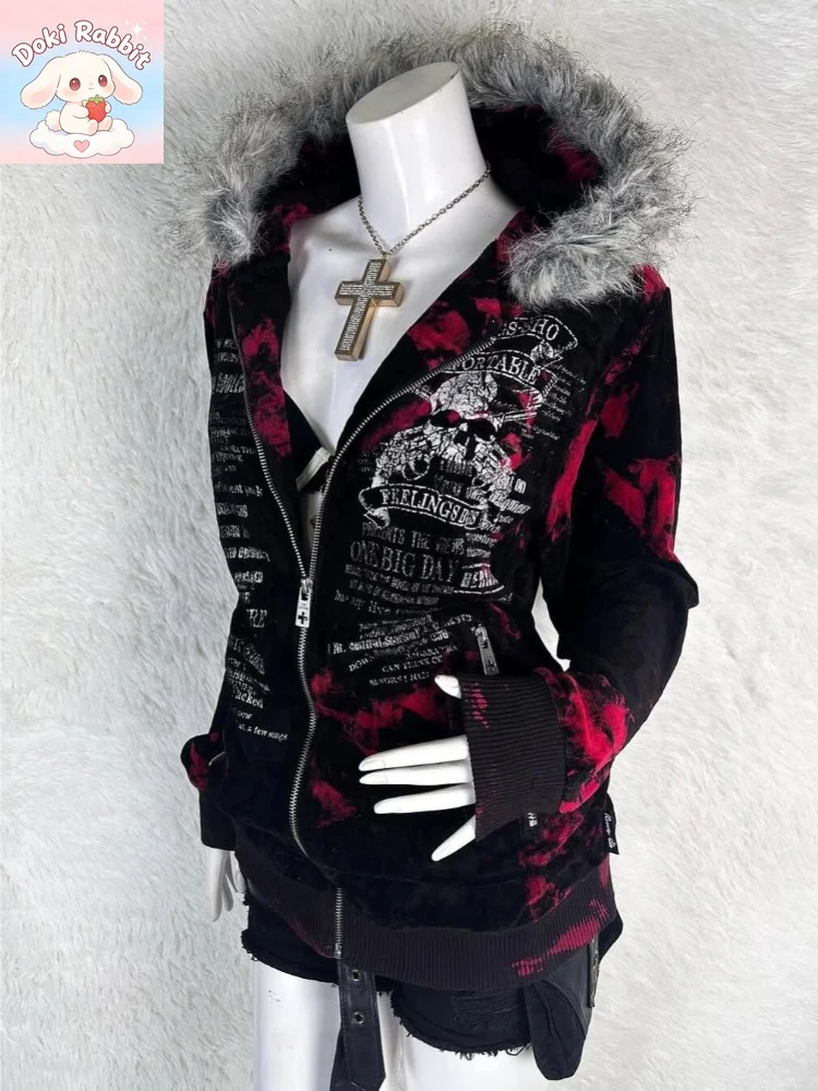 Autumn Thicken Gothic Geometric Print Red Gradient Zipper Hooded Women High Street Fur Collar Loose Sweatshirt Harajuku Y2k Coat