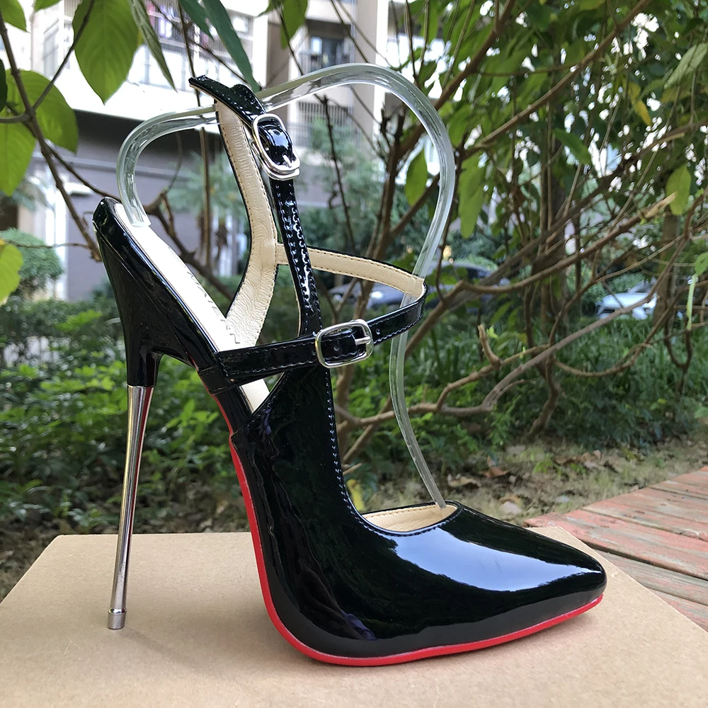 16cm Super Metal High Heels Stilettos Sexy Women Black Pumps Fetish Ankle Strap Show Model Party SM Man Unisex Shoes Size45 46