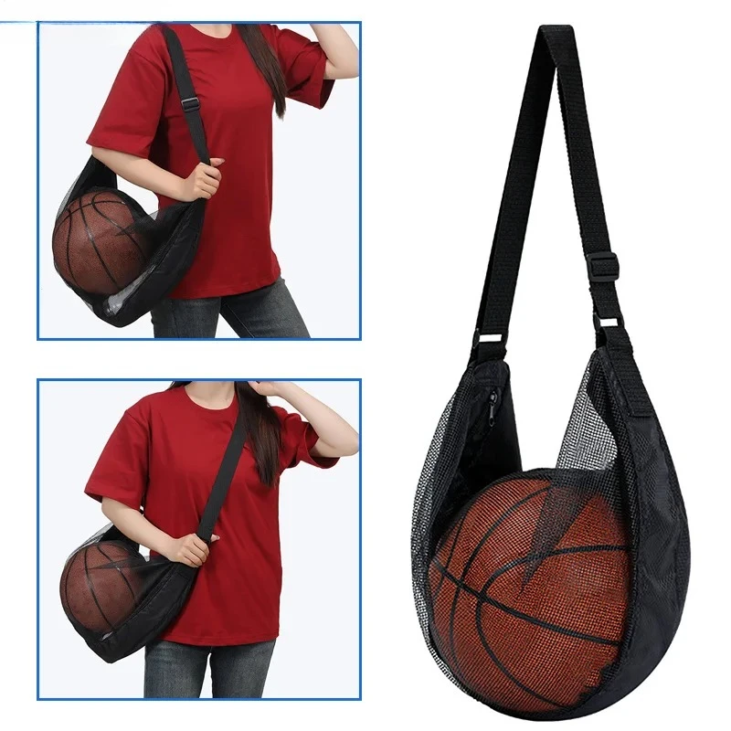 Bolsa de una sola pelota con bolsillo con cremallera, bolsa de almacenamiento de pelota de malla, equipo deportivo, eslinga con cordón, red de almacenamiento para llevar baloncesto
