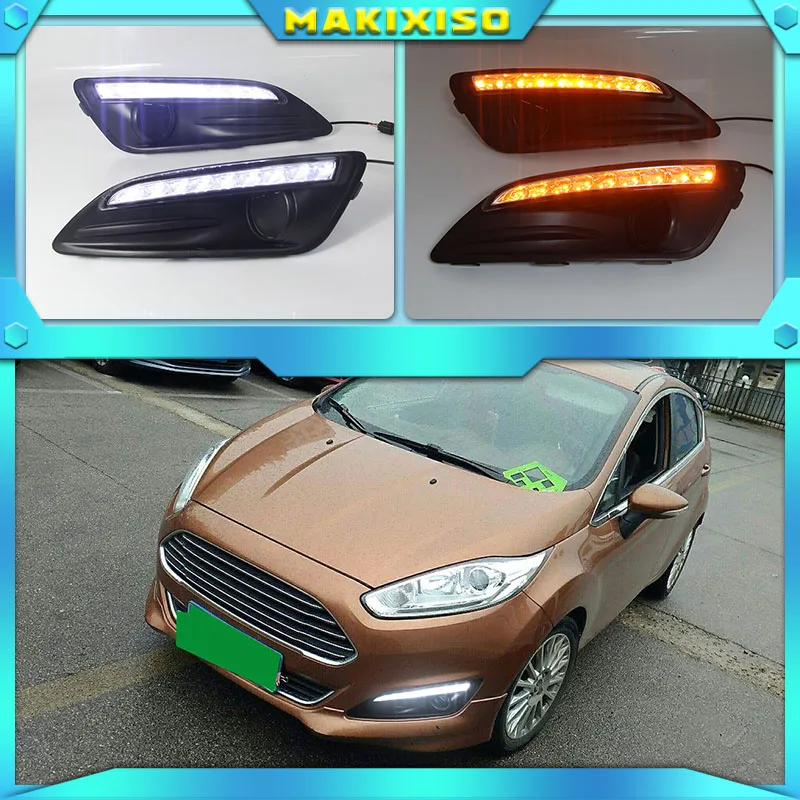 

1 пара для Ford Fiesta 2013 2014 2015 2016, светодиодсветодиодный дневные ходовые огсветильник, светодиодные дневные ходовые огни, противотуманные фары, желтые поворотные сигнальные огсветильник s