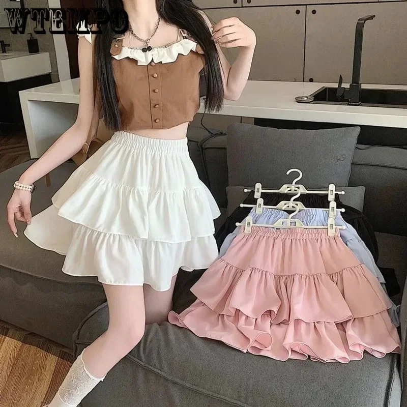 White Sweet Cake Skirt Ruffles Fold Design Women\'s Slim Elastic Waist Built in Shorts Preppy Style E-girl Fashion Spring Summer