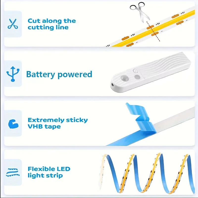 COB LED Strip Light 5V 320LEDs/m PIR Motion Sensor Flexible Self-adhesive Tape Battery Powered for Cabinet Kitchen Lighting