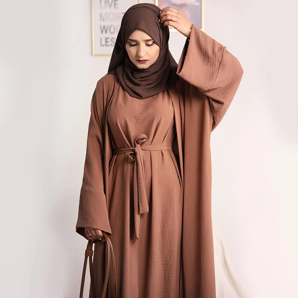 Imagem -02 - Conjunto Abaya de Duas Peças para Mulher Muçulmana Roupas Combinando Crepe de Jazz Feminino Vestido Longo Casual sem Mangas Islã Ramadan Hijabi sem Cachecol