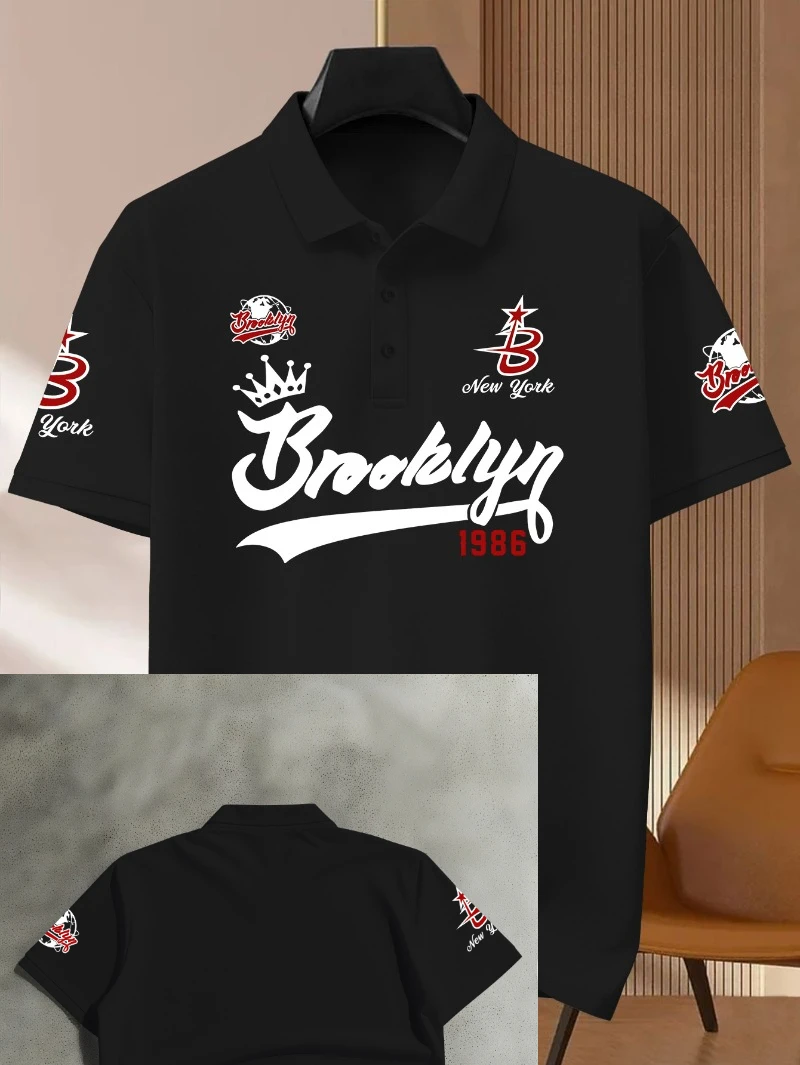 Modisches Herren-Kurzarm-Polo-Shirt mit Brooklyn-Stadtthema und Buchstabendruck, Vielseitiges Casual-Oberteil