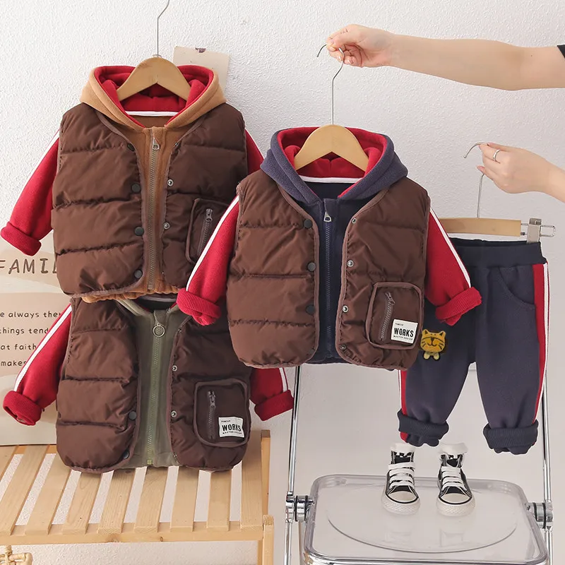 

Boys Thick Clothes Sets Winter Children Down Vest Coats Hoodies Pants 3pcs Warm Velvet Suit For Baby Tracksuits Kids Outfits 6Y