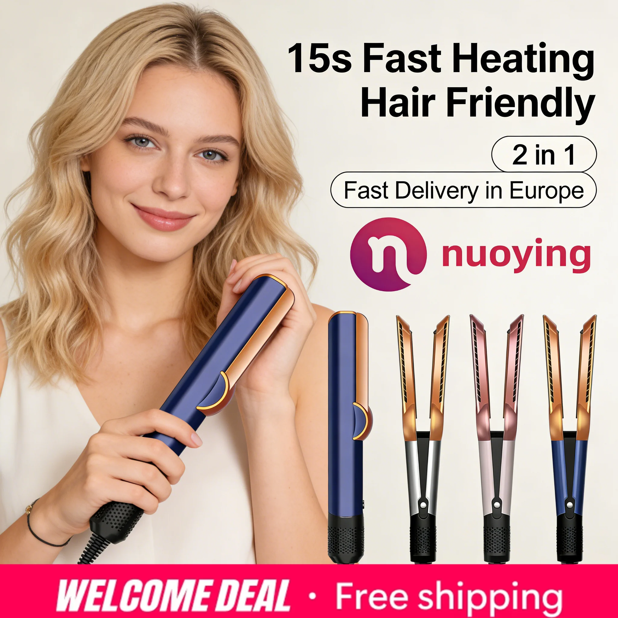 Secador de Pelo y Plancha 2 en 1 Nuoying con Iones Negativos, Calentamiento Rápido, Herramienta de Peinado para un Cabello Suave, Enviado desde Europa
