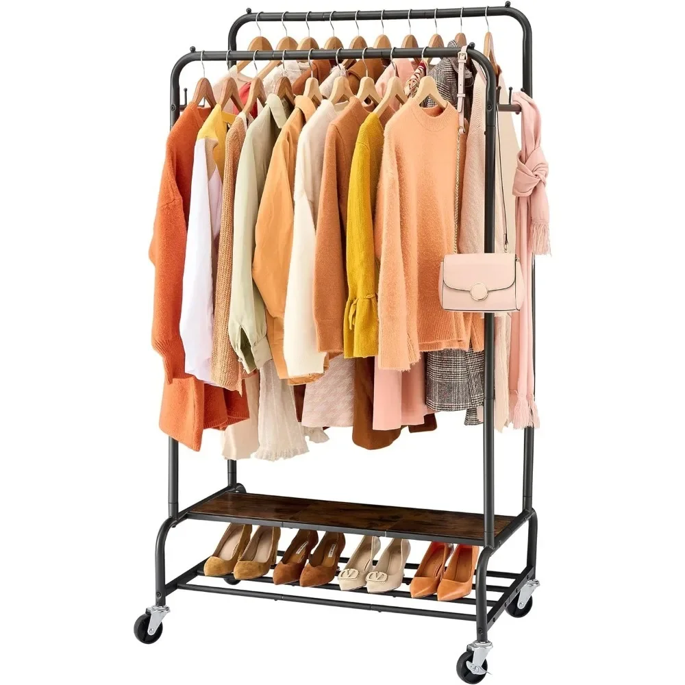 Garment Rack with 2 Shelves, Rolling Clothes Rack Heavy Duty with Lockable Wheels and 6 Hooks,Double Rod Clothing Racks