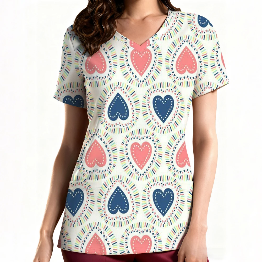 여성용 클리닉 유니폼 우아한 하트 프린트 헬스케어 스크럽 유니폼 트렌드 V넥 반팔 치과 간호 유니폼
