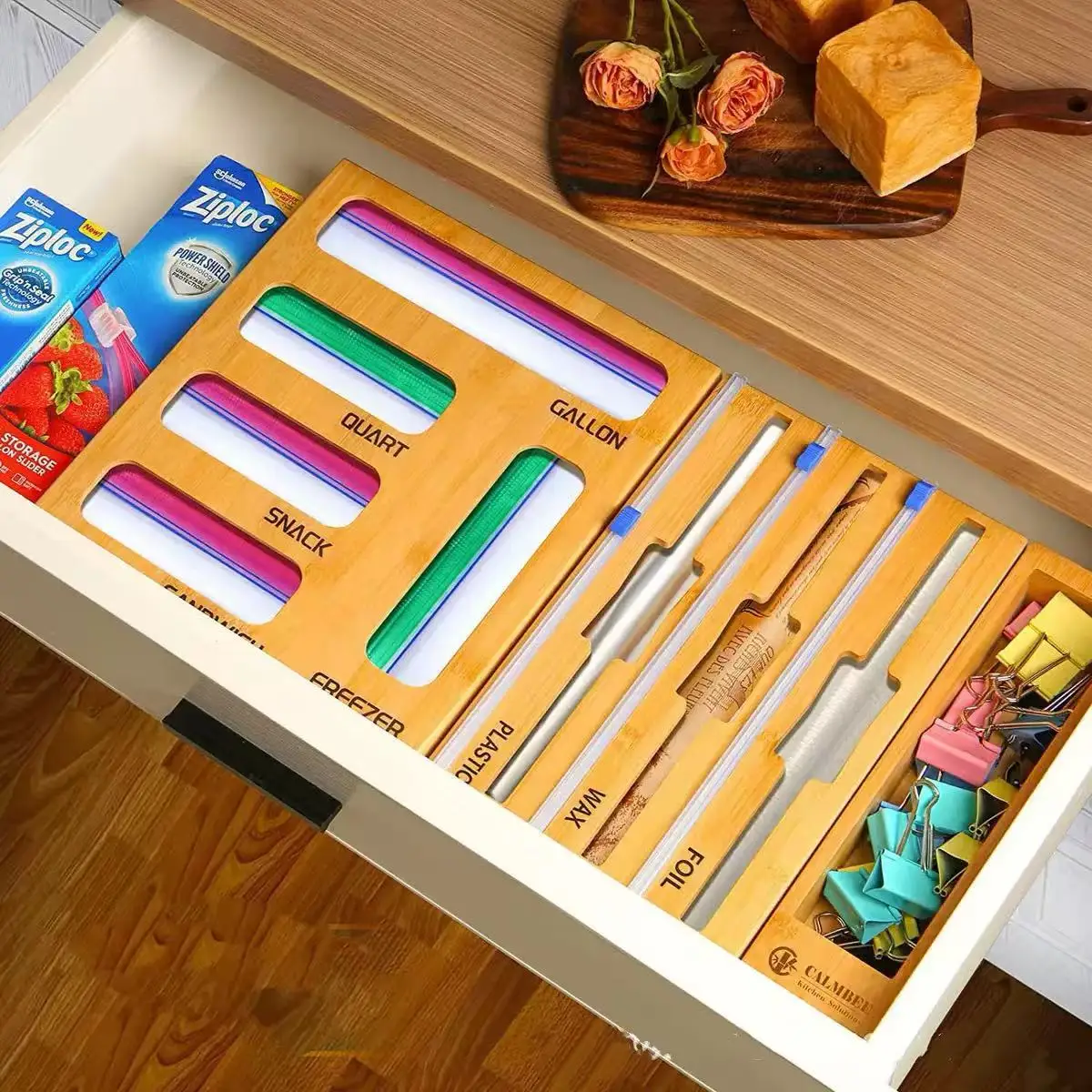 

Reusable Household Bamboo Dispenser for Foil Tin Kitchen Wrap Storage Portable Restaurant Home Organizer with Cutter
