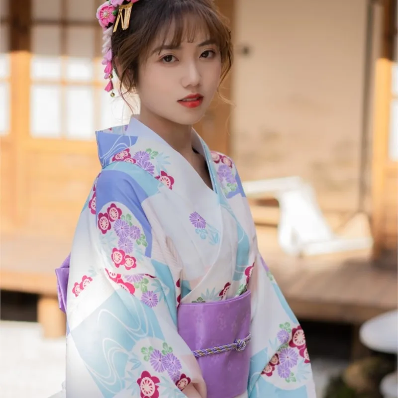 

High Quality |Japanese Style Kimono Bathrobe Retro Zephyr Long Sleeve Women Dress Photo Blue And White Plaid Light Purple