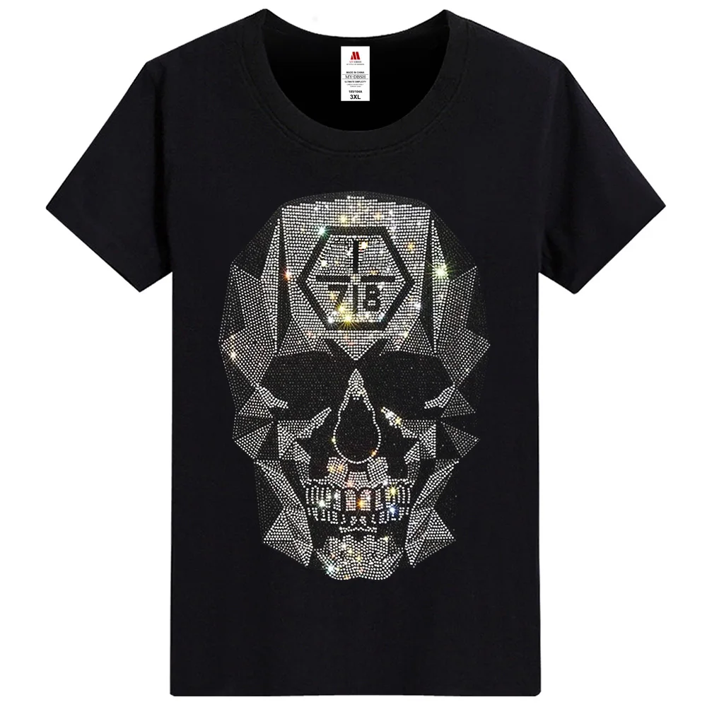 2024 Summer Men\'s Design Black Skull Rhinestones T shirts Man Slim Fit Elastic Cotton Diamond Print Tees Streetwear Cool Tops