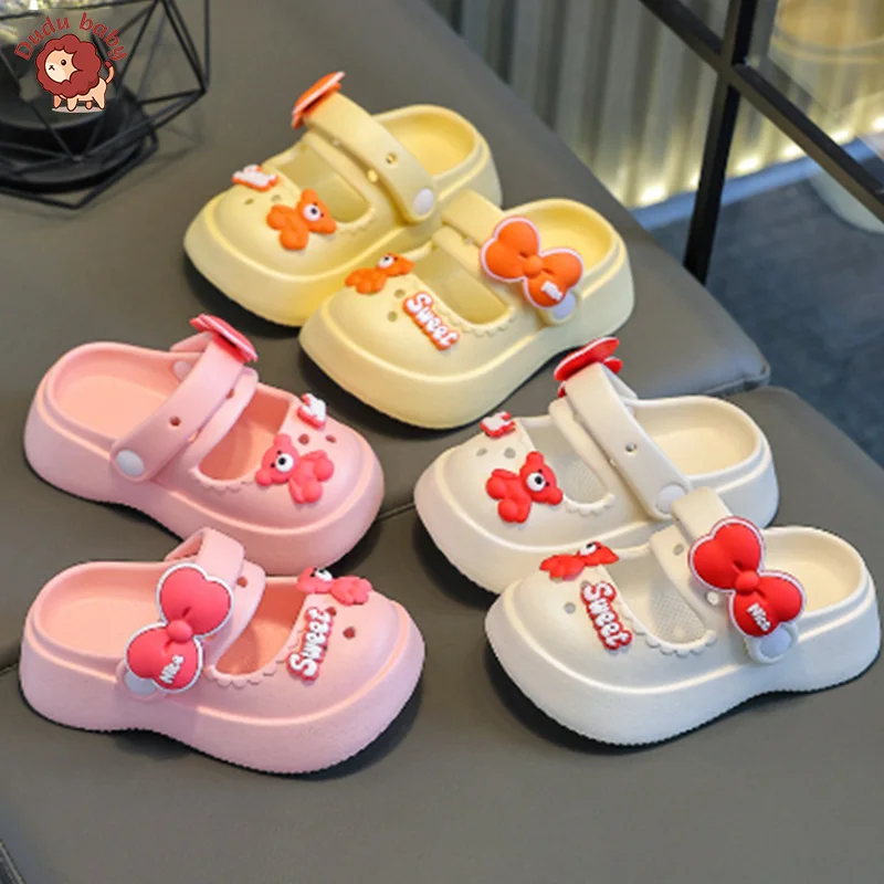 Sepatu taman sol tebal untuk sandal, sepatu selop musim panas dengan sol tebal dipertinggi Anti selip dan sandal anak laki-laki dan perempuan lucu