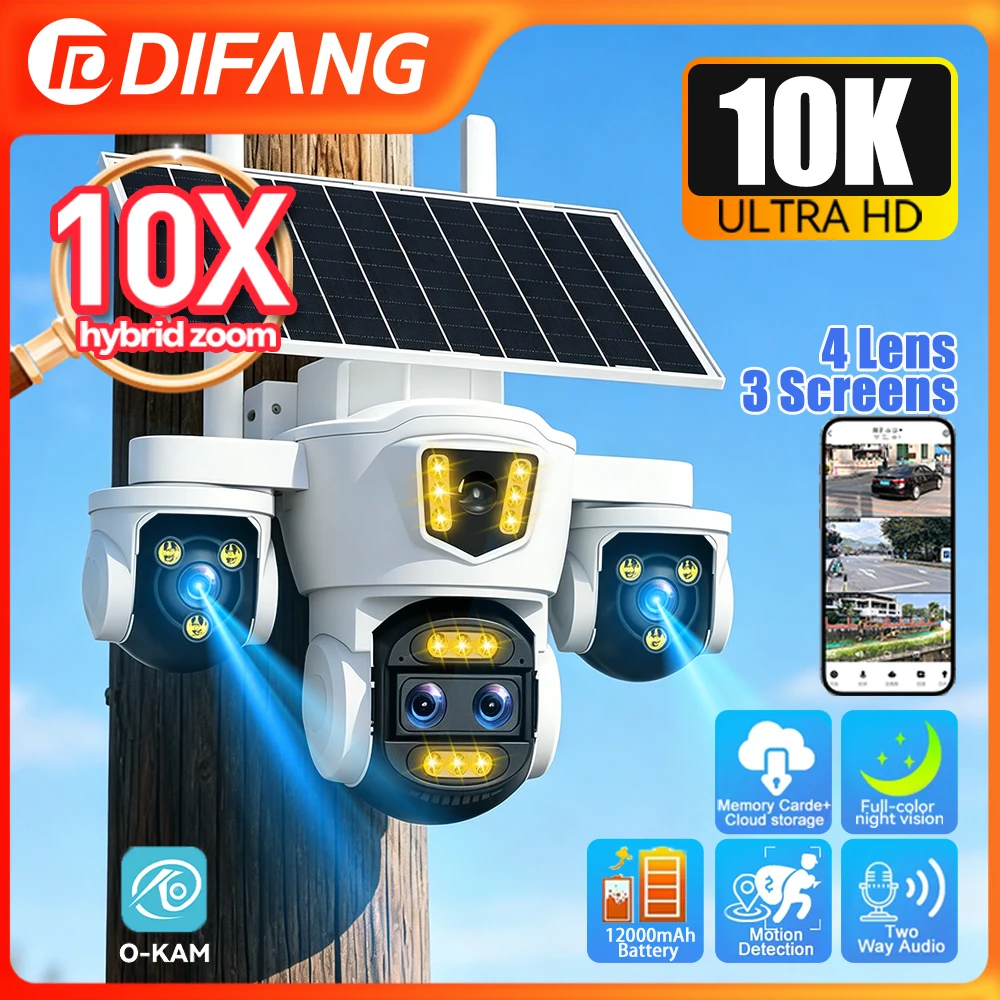 

10K WiFi Solar Cameras 12X Optical Zoom Three Screen Outdoor Built-in 12000mAh Battery 24/7 Video Recording Auto Tracking CCTV