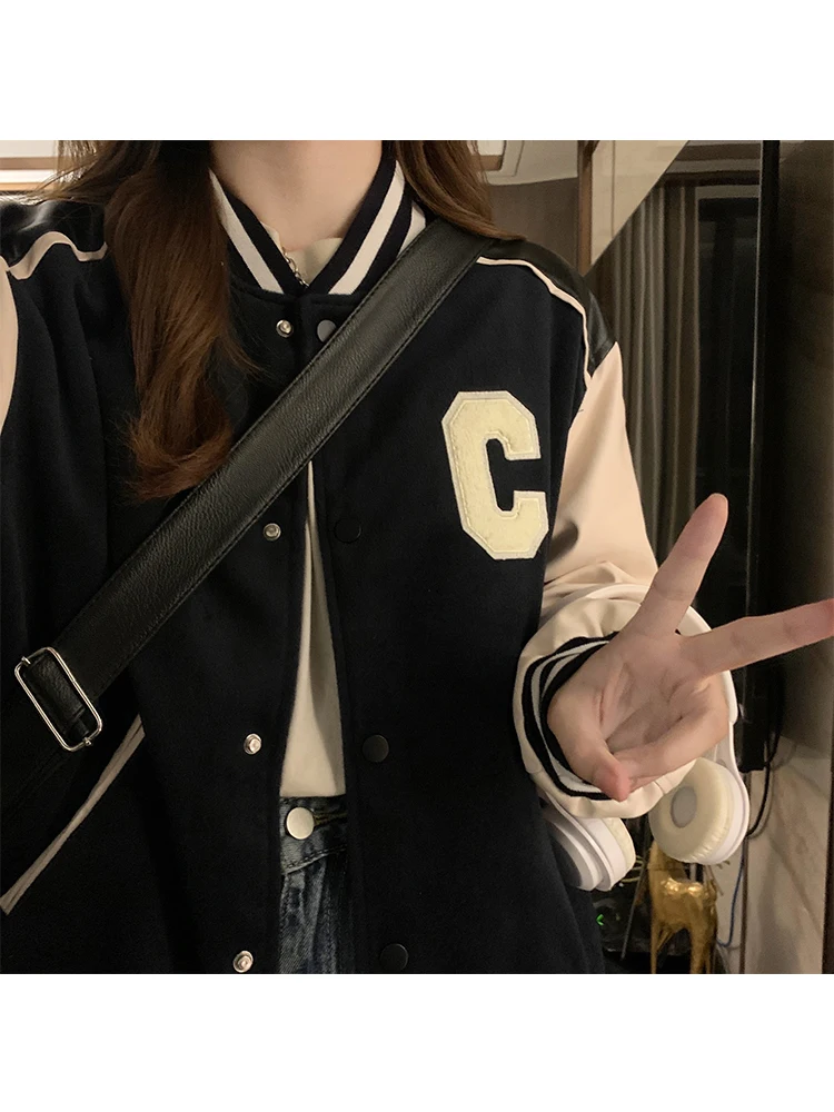 Korean Women's Kpop Grid Baseball Jacket back design detail with clean minimalist construction and ribbed hem